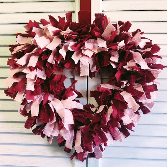 Hand Crafted Pink Maroon Wine Rag Heart Wreath, Shabby Chic, Valentine's Day 15" - Picture 7 of 7